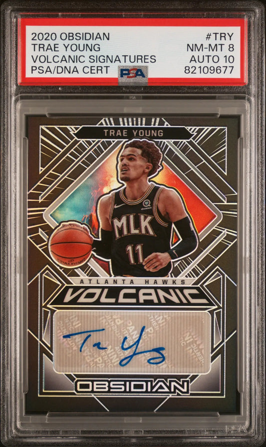 PSA-graded Trae Young 2020 Obsidian Volcanic Auto in Milwaukee Bucks uniform