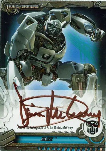 Robotic humanoid figure in dynamic pose from Transformers Autograph Card Darius McCrary