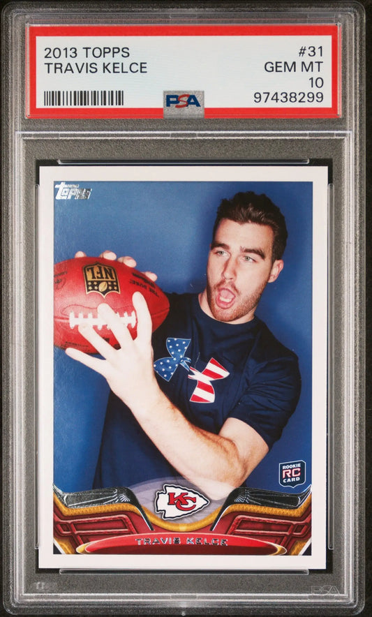 PSA-graded 2013 Topps Travis Kelce Rookie Card in Gem Mint condition, protected case