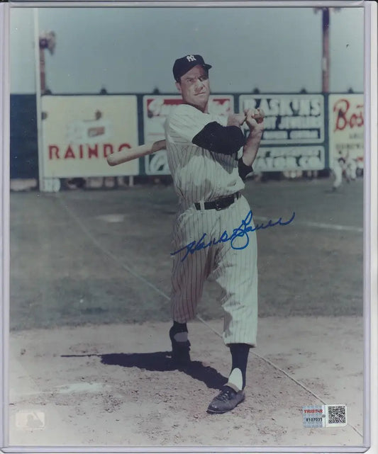 Vintage photograph of Hank Bauer in white uniform mid-pitch, Tristar Yankees COA