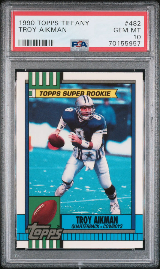 PSA-graded 1990 Topps Tiffany Troy Aikman rookie card in protective case, Gem Mint condition