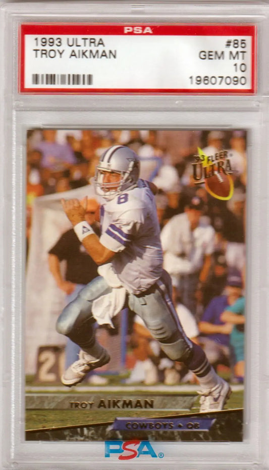 PSA-graded 1993 Fleer Ultra Troy Aikman football card in protective case for collectors