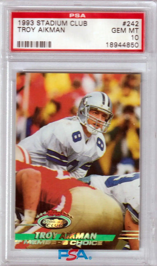 PSA-graded 1993 Topps Stadium Club Troy Aikman card in a protective case