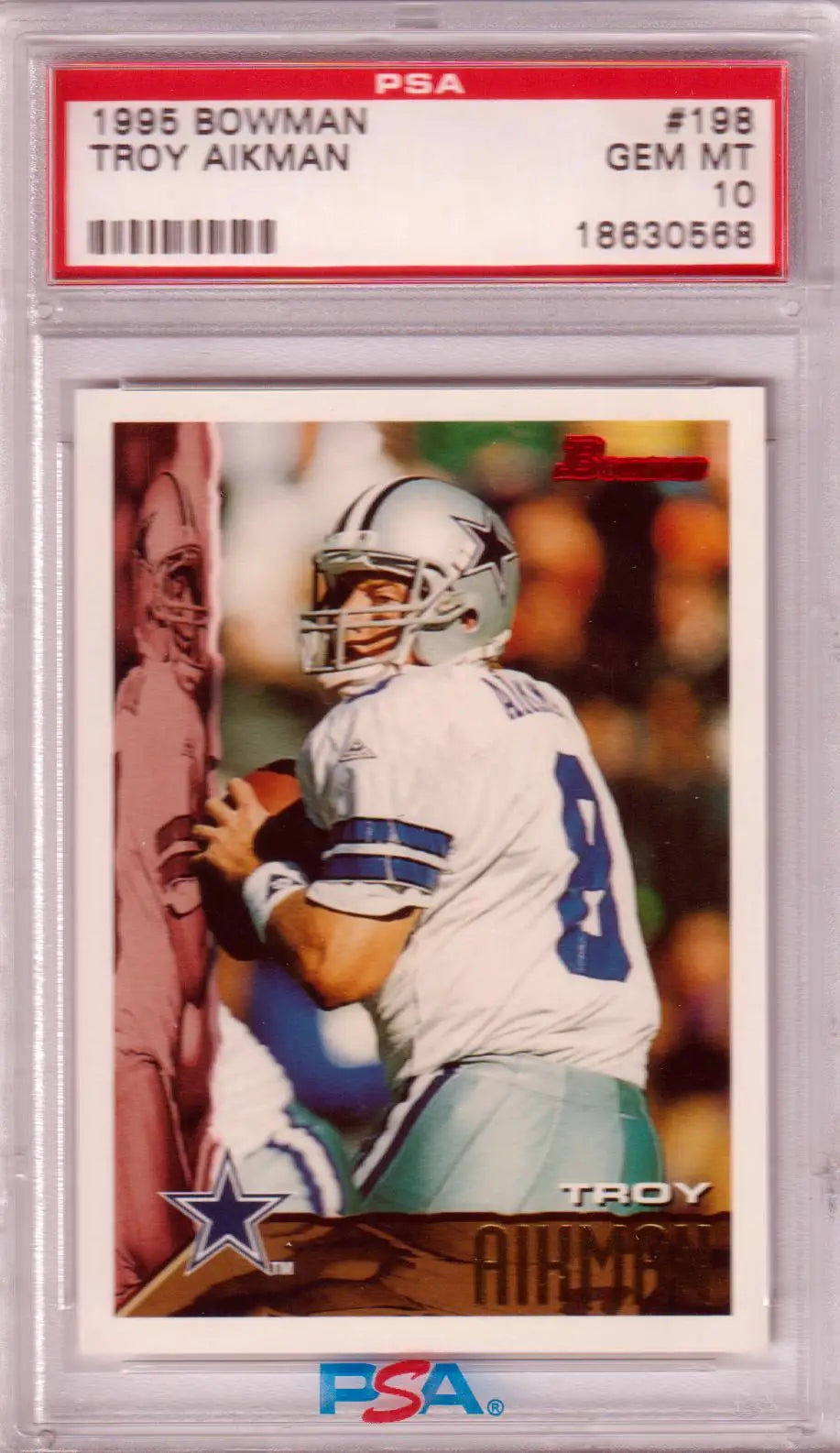 PSA-graded 1995 Bowman Troy Aikman football card in protective case for collectors