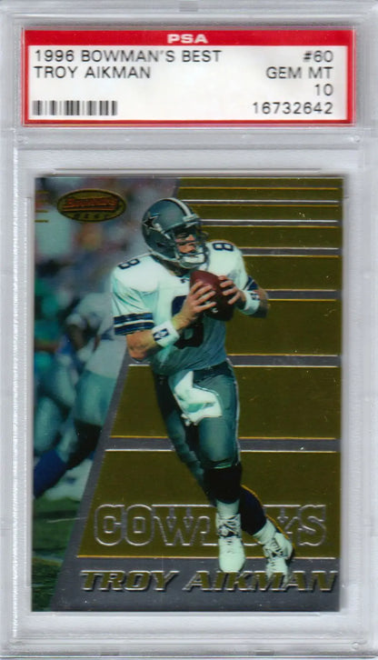 PSA-graded 1995 Bowman’s Best Troy Aikman trading card in protective case from Columbia Hobby