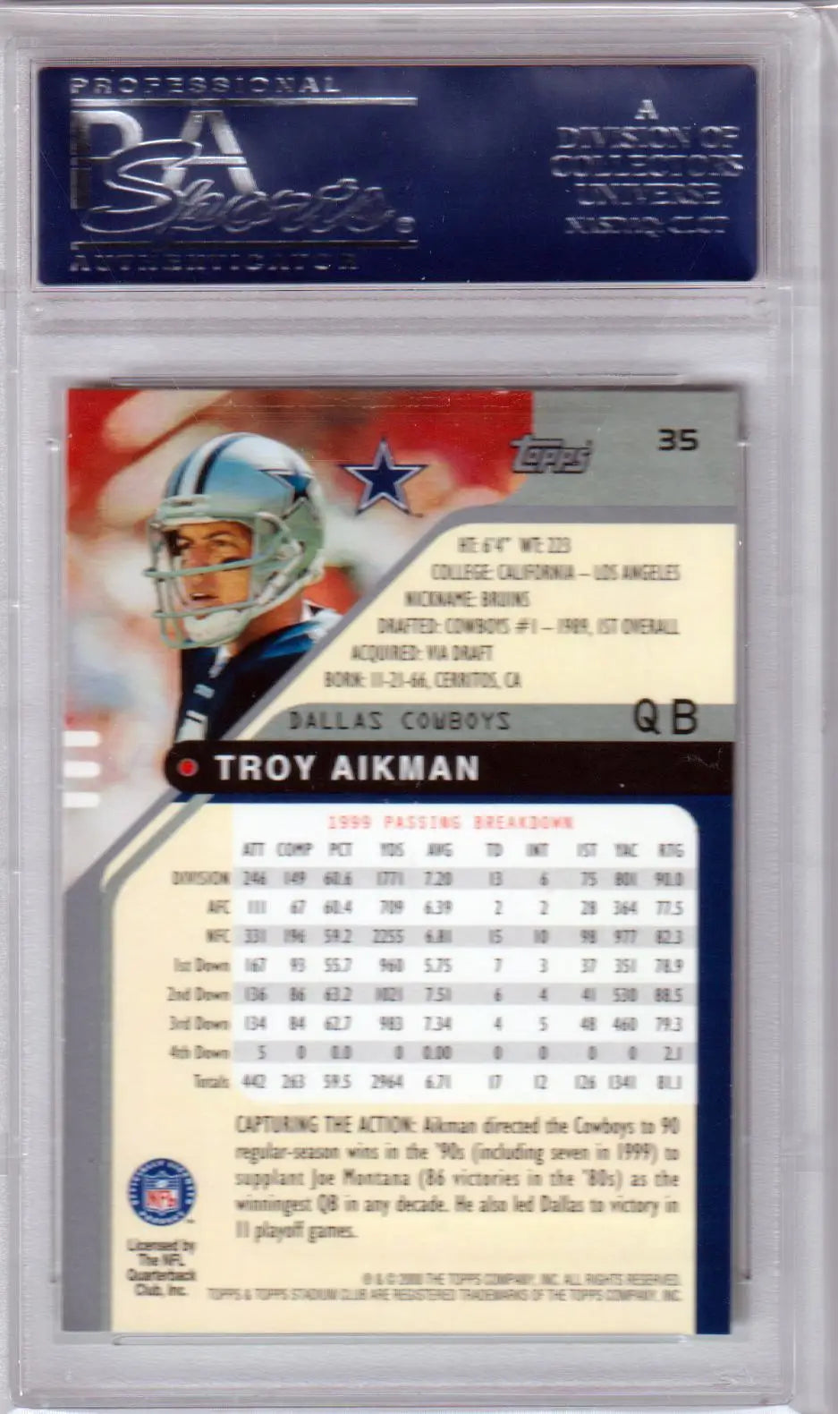 Football trading card of Troy Aikman in a protective case from Topps Stadium Club