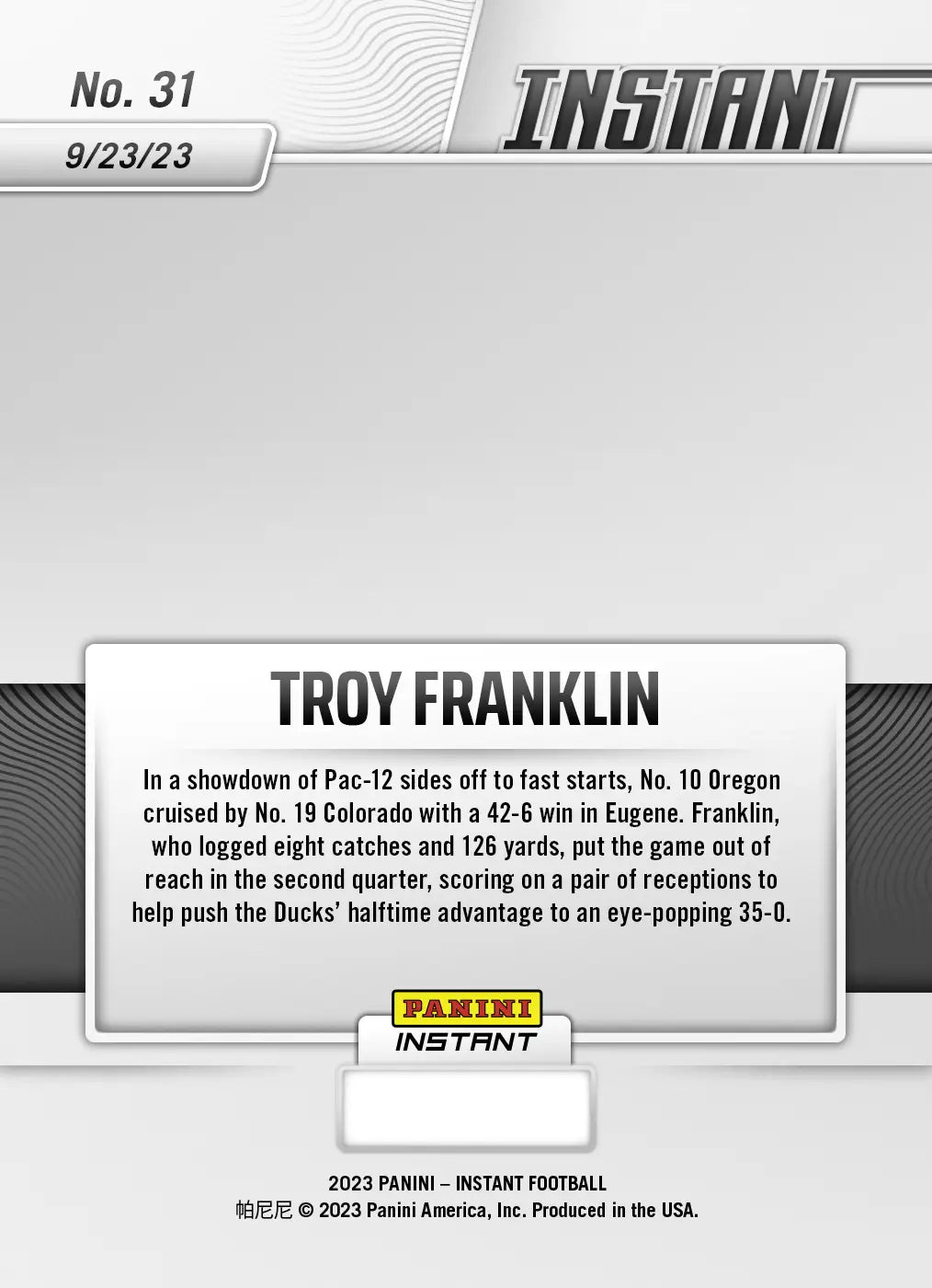 Troy Franklin Panini Instant football card featuring Oregon Ducks from 9/23/23 CFB season