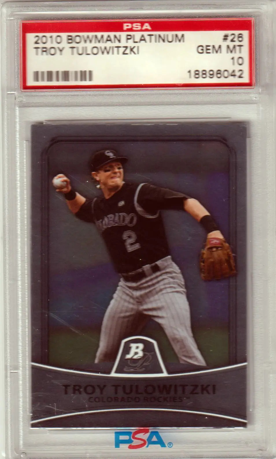 PSA-graded 2010 Bowman Platinum Troy Tulowitzki card from Columbia Hobby for Rockies collectors