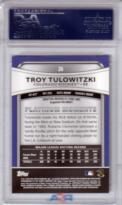 Troy Tulowitzki 2010 Bowman Platinum card in a protective case from Columbia Hobby