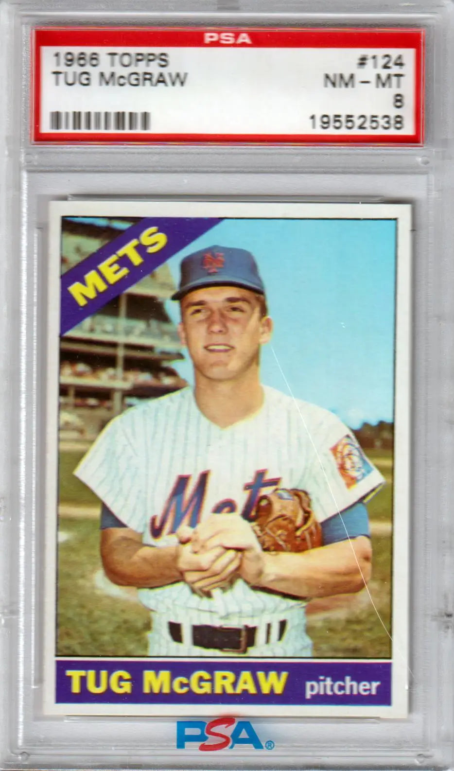 PSA-graded 1966 Topps Tug McGraw baseball card in white uniform, available at Columbia Hobby