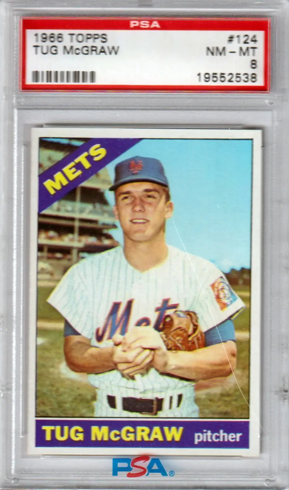 PSA 8 NM-MT TUG McGraw 1966 Topps #124 trading card featuring Mets pitcher in white uniform