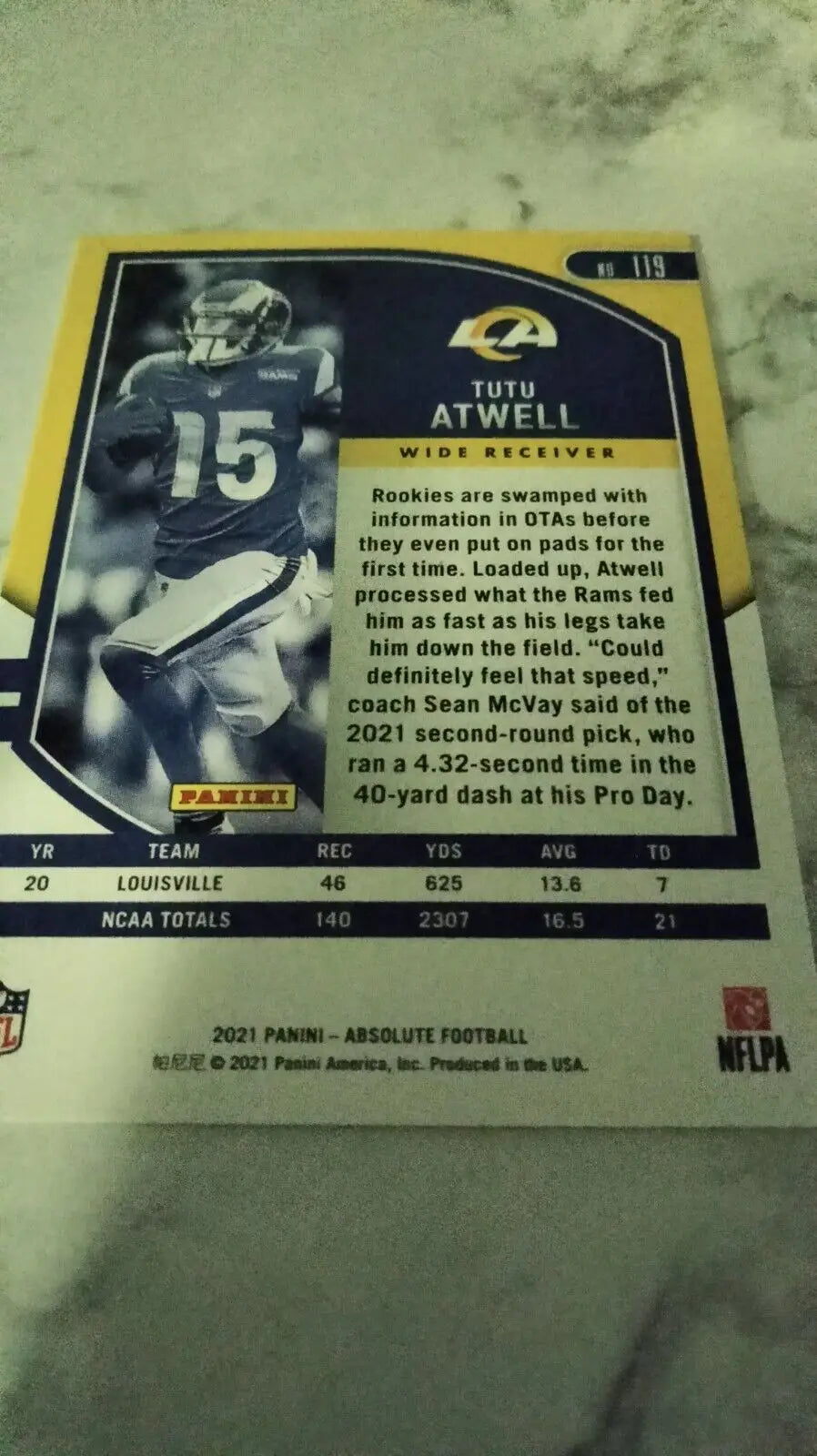 Tutu Atwell Rookie RC 2021 Panini Absolute Football Card #119 Los Angeles Rams