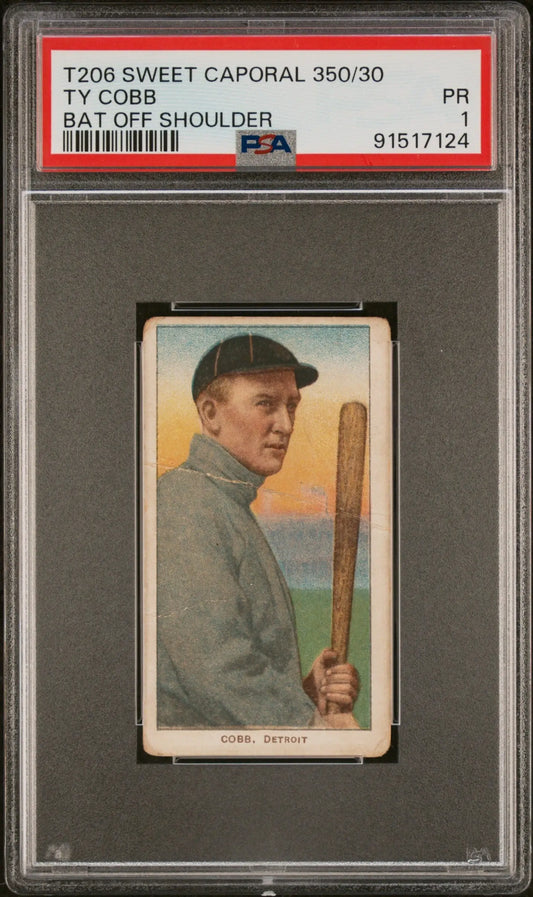 PSA-graded T206 Bat Off Shoulder Sweet Caporal card of Ty Cobb in gray uniform