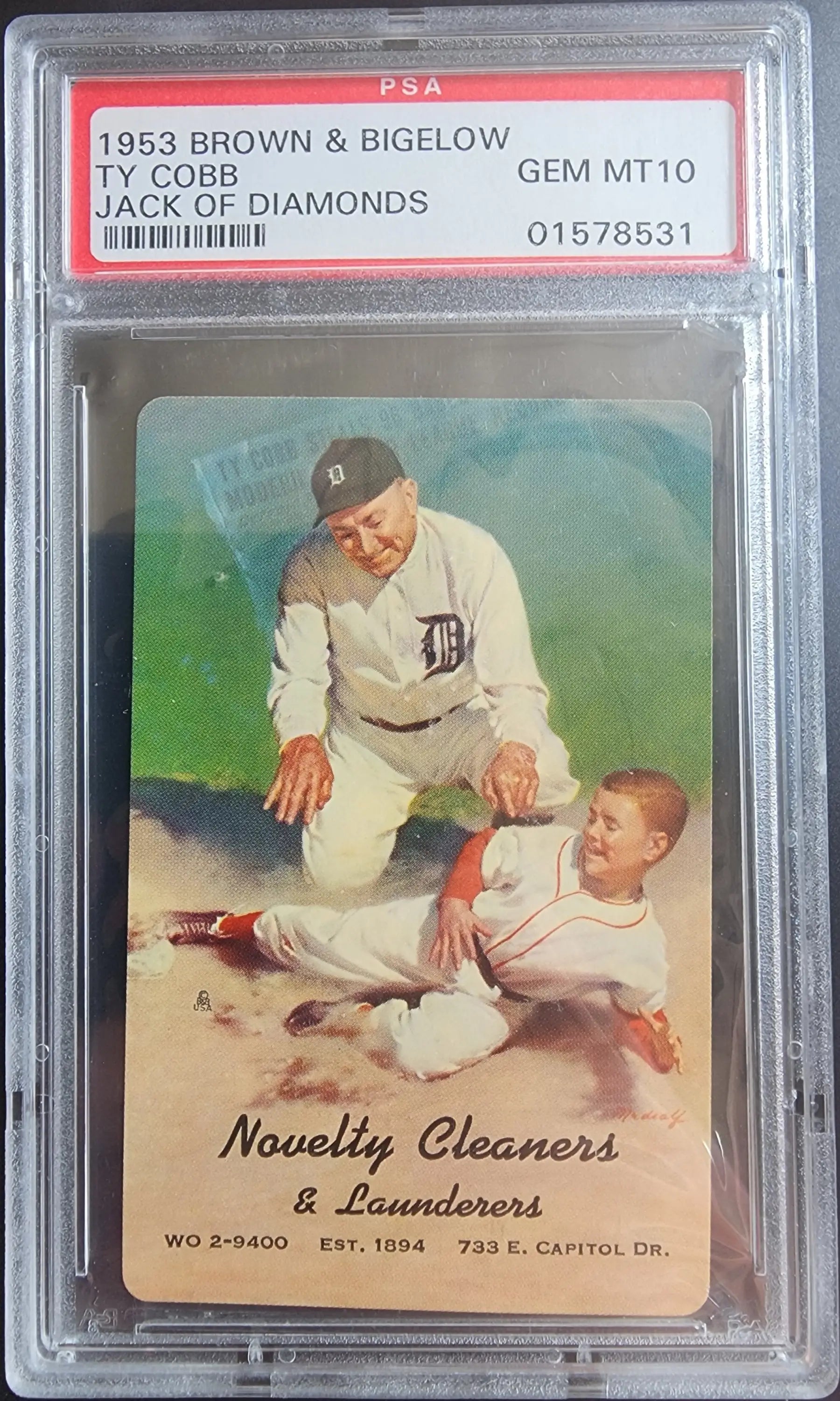 PSA-graded 1953 Brown & Bigelow Ty Cobb trading card with Jack of Diamonds artwork, Gem Mint