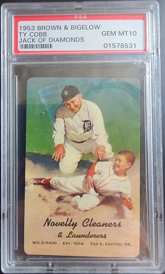 PSA-graded 1953 Brown & Bigelow Ty Cobb trading card with Jack of Diamonds artwork, Gem Mint