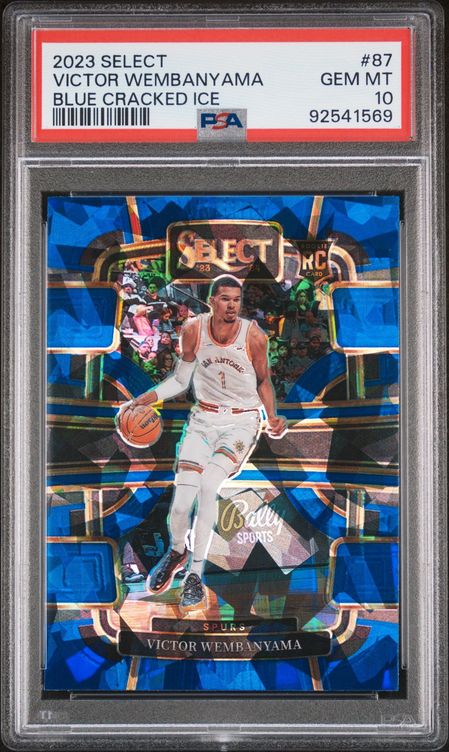 Victor Wembanyama 2023 Select Blue Cracked Ice PSA 10 card with blue geometric background