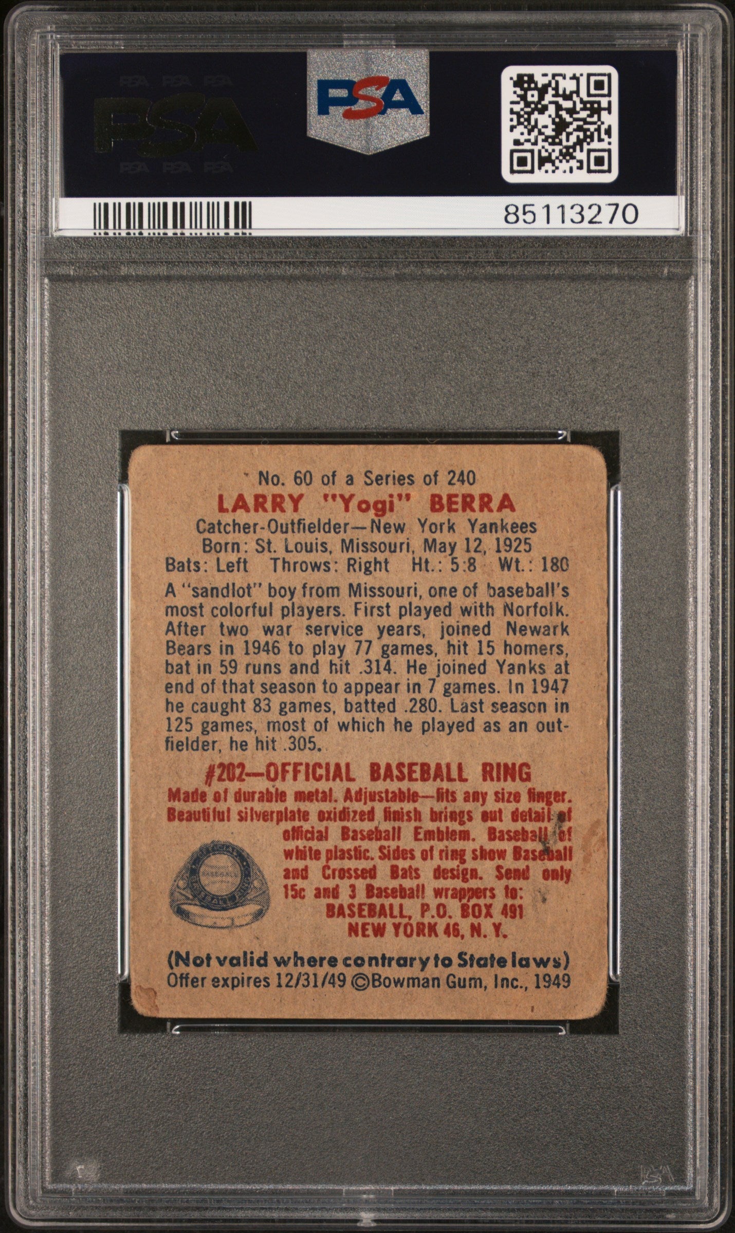 Yogi Berra 1949 Bowman #60 PSA 1.5 Fair