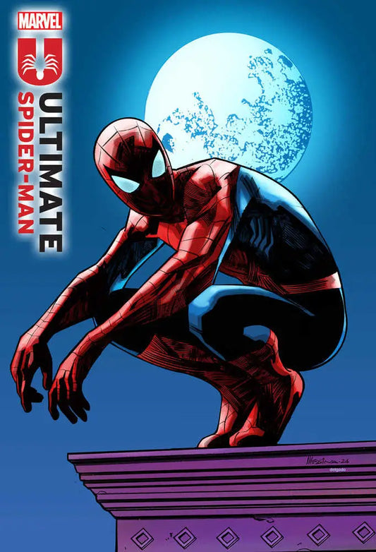 Spider-Man crouches on a ledge under a moonlit sky in Ultimate Spider-Man #5 variant