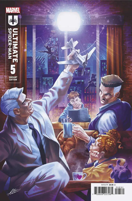 Comic book cover of Ultimate Spider-Man #5 featuring bar scene, ideal for trading cards collectors