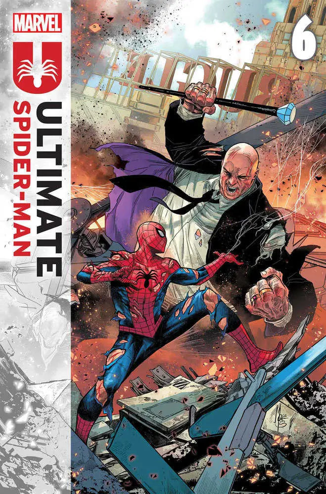 Ultimate Spider-Man #6 cover featuring explosive battle between Spider-Man and Kingpin