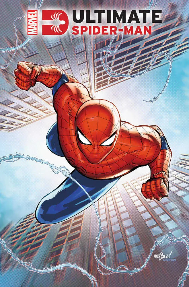 Spider-Man swings in his red and blue costume on Ultimate Spider-Man #6 trading card