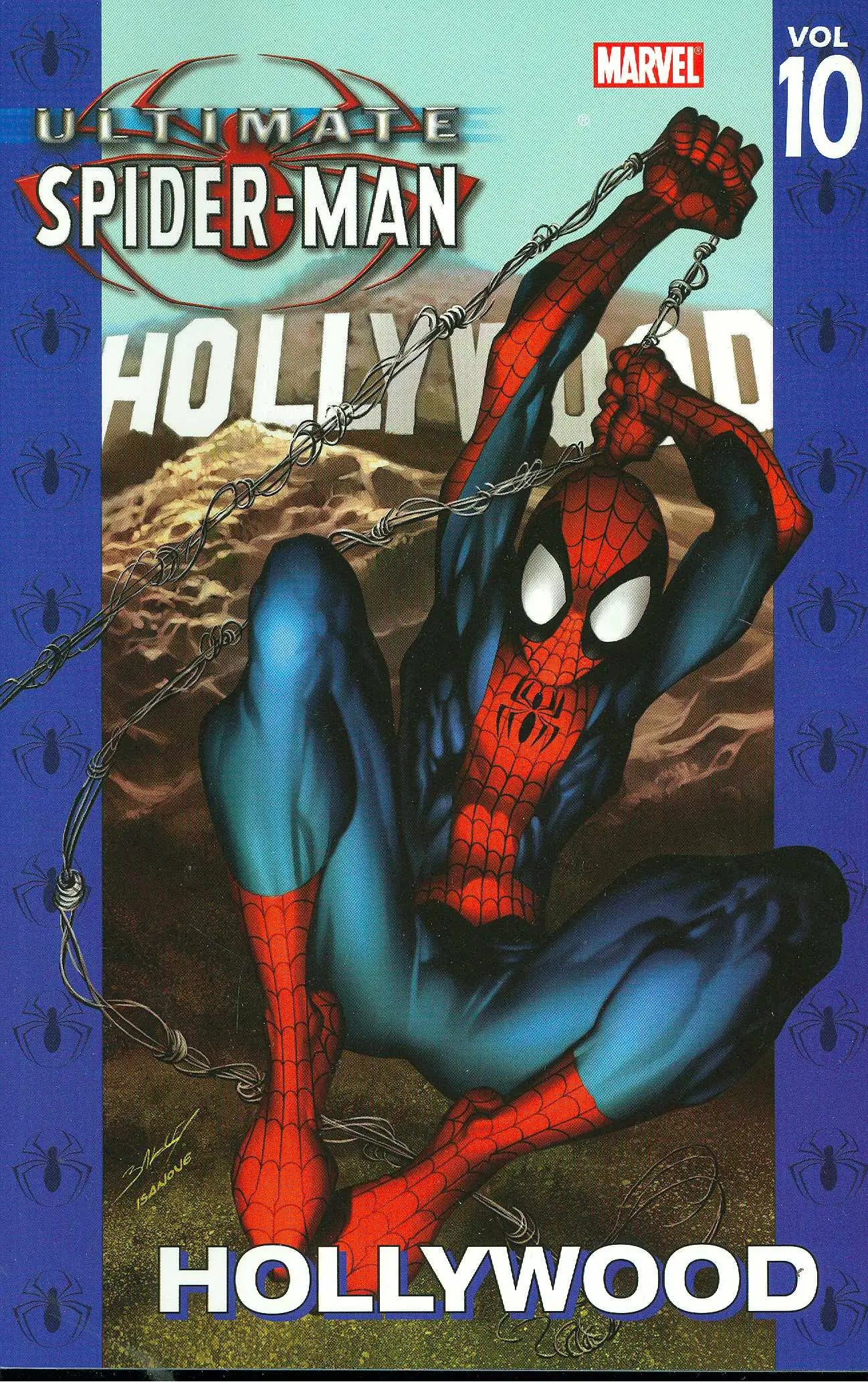 Comic book cover of Ultimate Spider-Man TPB Volume 10 with Hollywood sign backdrop