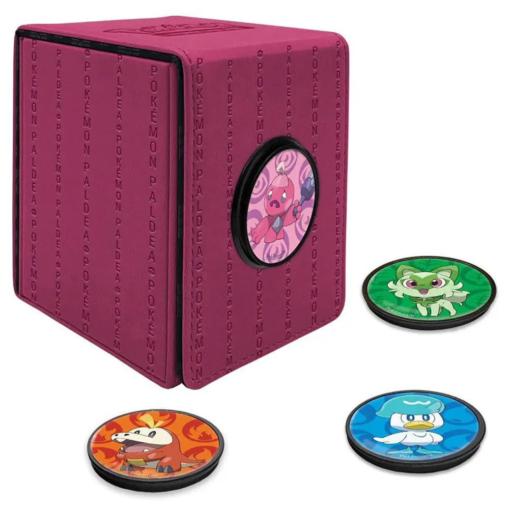 Pink Ultra PRO deck box featuring Pokemon circular tokens and magnetic badges