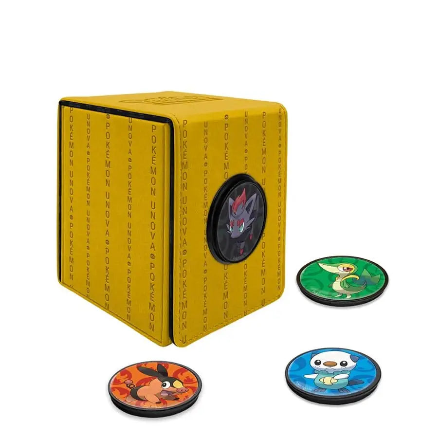 Yellow cube-shaped Ultra PRO deck box with Pokemon discs and magnetic badges