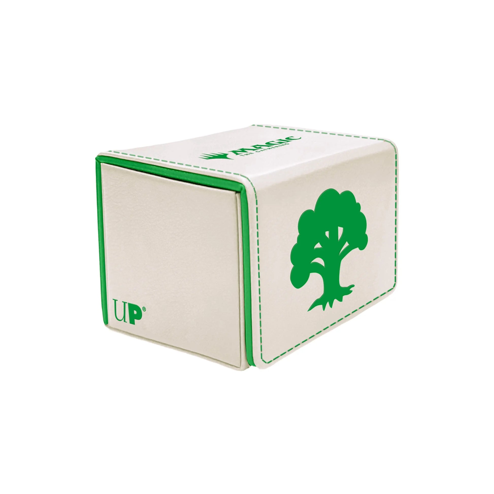 White Alcove Edge Deck Box with green trim and tree symbol for Magic: The Gathering