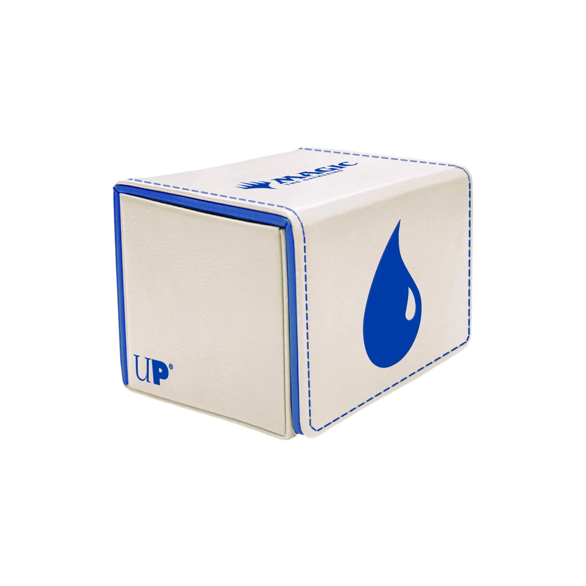 White cube-shaped Alcove Edge Deck Box with blue trim and water droplet icon