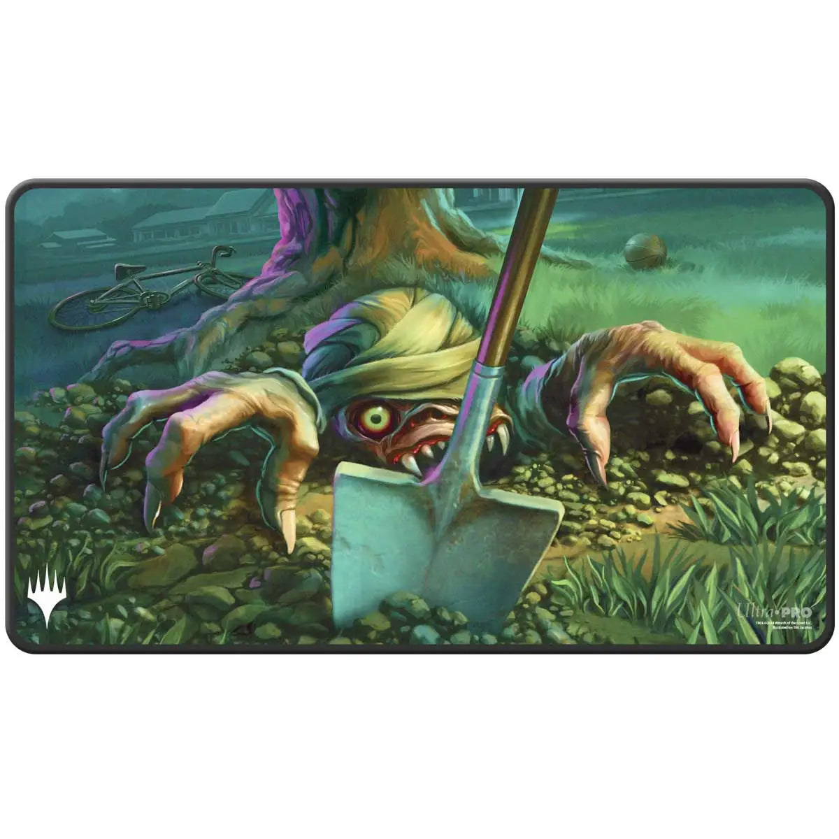 Creepy zombie hands and a shovel on Ultra Pro Black Stitched Playmat Magic the Gathering