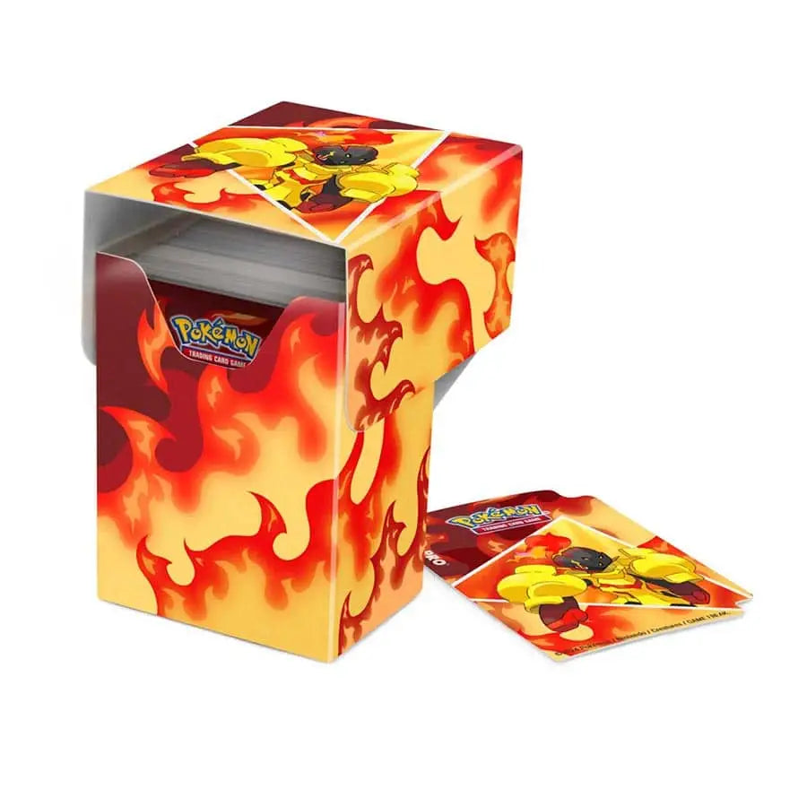 Ultra Pro Full View Deck Box featuring a fiery red and yellow flame design