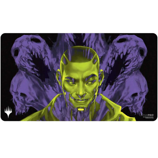 Neon green demonic figure with glowing eyes on Ultra Pro Playmat Magic design