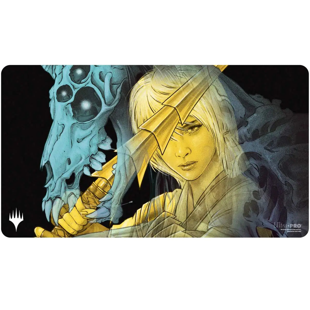 Stylized Ultra Pro Playmat featuring a warrior with a glowing sword and blue skull