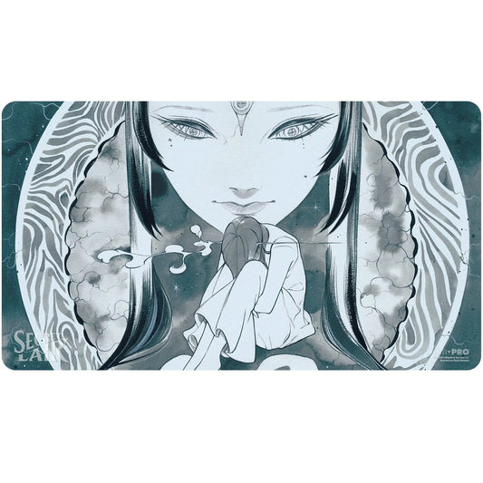 Artistic illustration of a figure with ethereal face on Ultra PRO Playmat with non-slip rubber backing