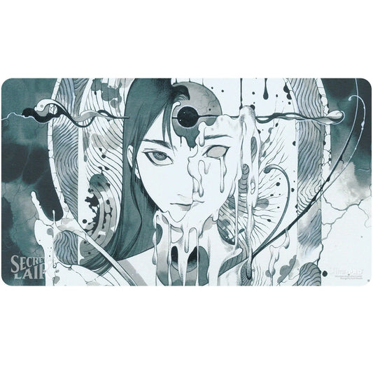 Artistic monochromatic face illustration with abstract elements on non-slip rubber backing Playmat