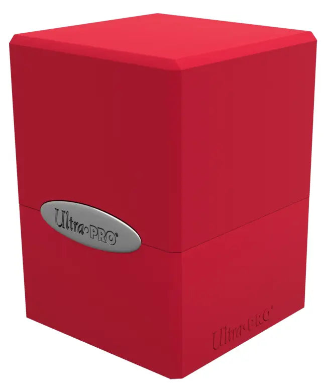 Red Ultra Pro Satin Cube deck box with metallic nameplate in injection molded plastic