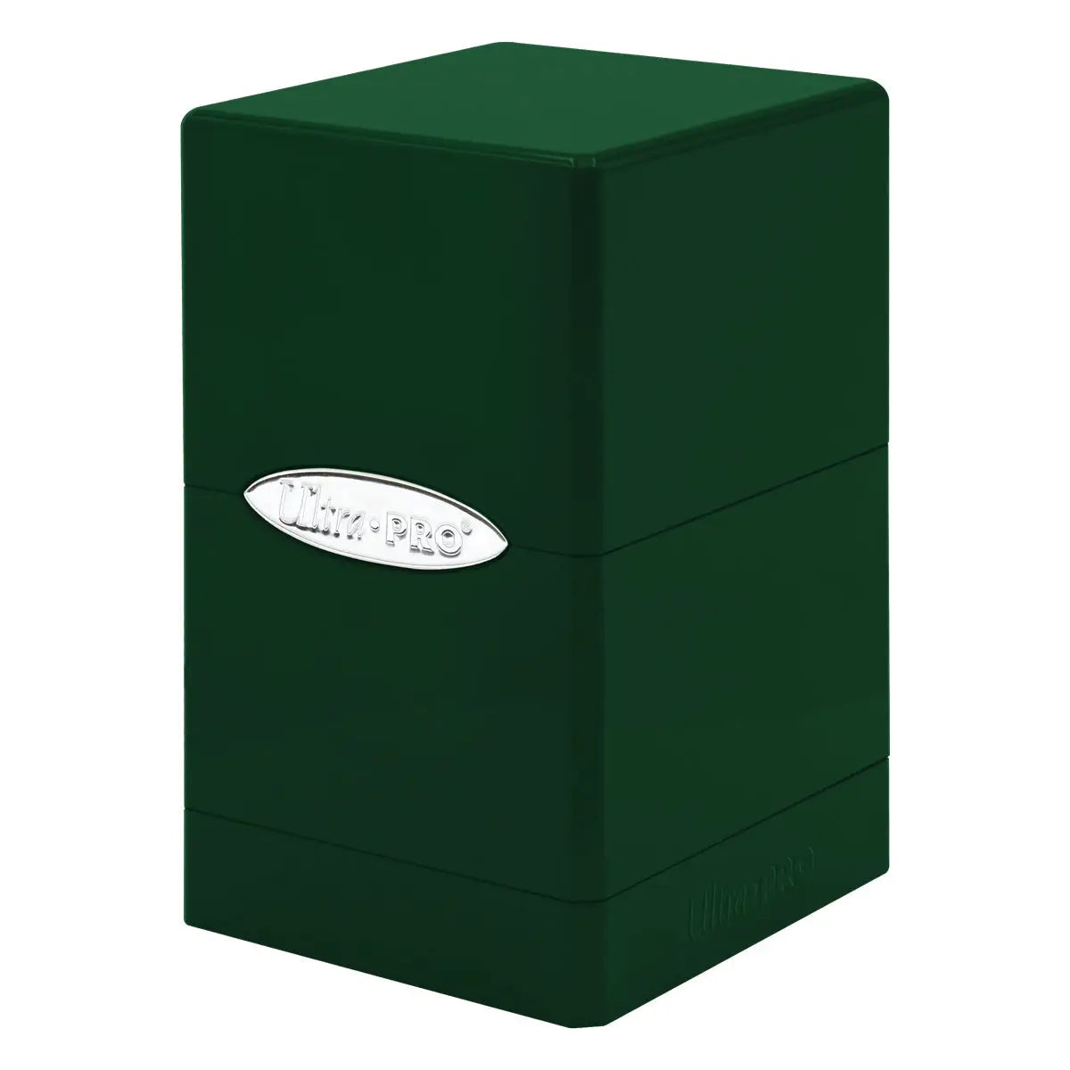 Dark green satin tower deck box with metallic logo, crafted from injection molded plastic