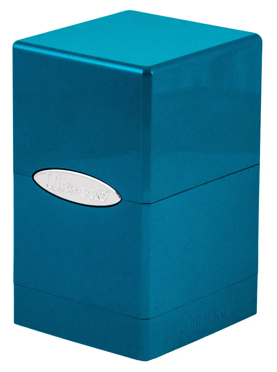 Metallic teal satin tower deck box with silver nameplate and snap-fit locking mechanism