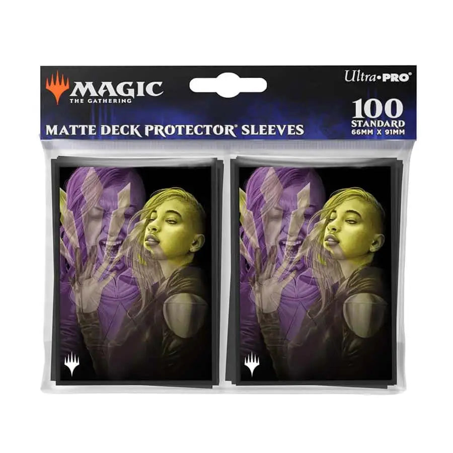 Magic: The Gathering deck protector sleeves with mystical purple and yellow artwork