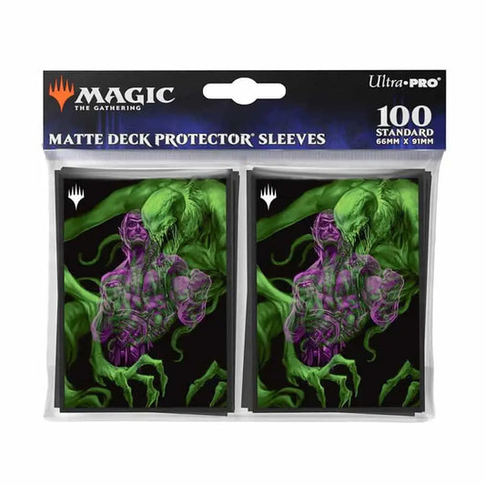 Ultra PRO deck protector sleeves featuring purple skeletal figures and green energy