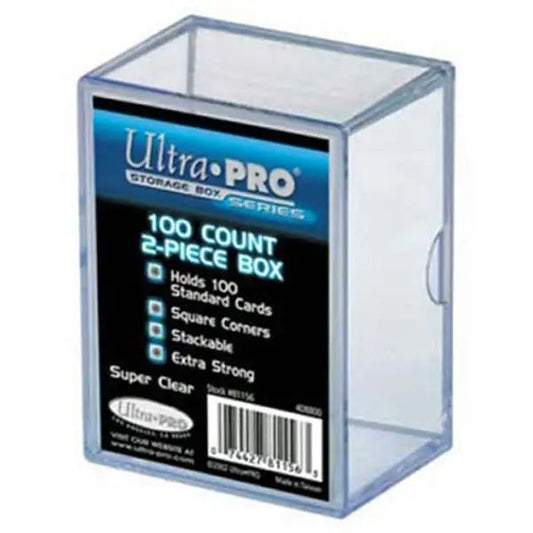 Clear plastic storage box for 100 standard size cards from Ultra PRO, ultra clear design