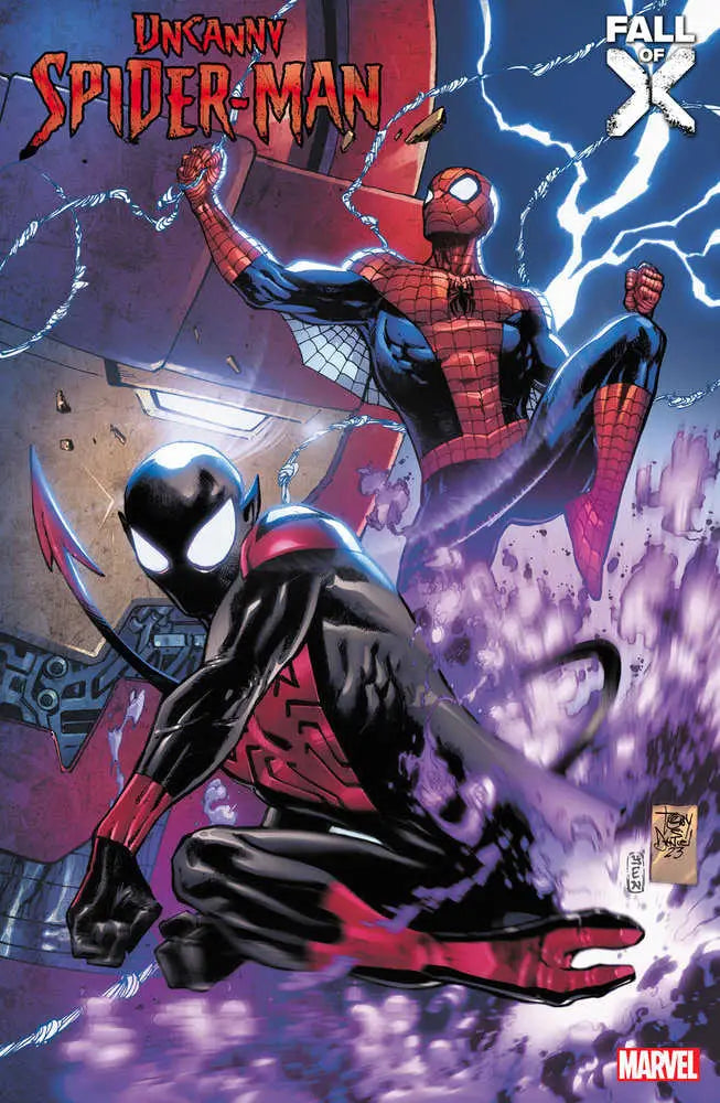 Comic book cover of Uncanny Spider-Man 4 featuring Spider-Man in red and black costumes