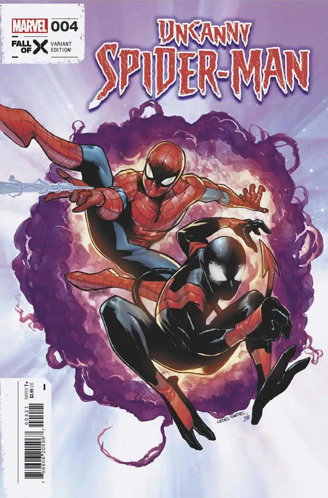 Comic book cover of Uncanny Spider-Man 4 with Spider-Man battling a black-suited figure