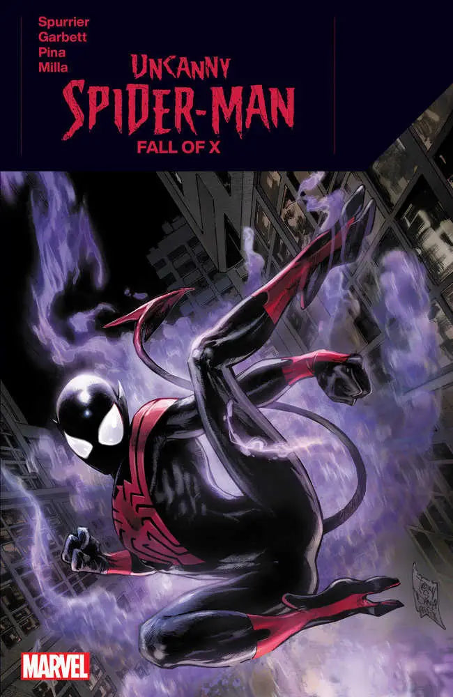 Uncanny Spider-Man in black and red costume swinging through purple smoke