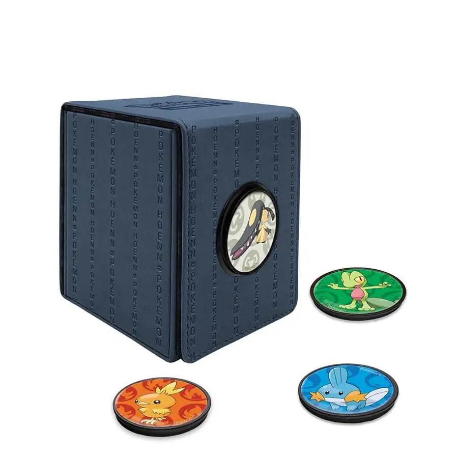 Dark blue Ultra Pro deck box with Pokemon tokens and strong magnetic closure