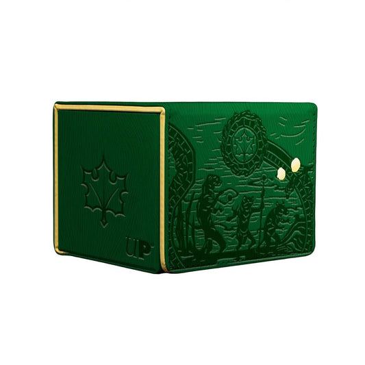 Green leather wallet featuring embossed maple leaf and nature scene for Alcove Edge Deck