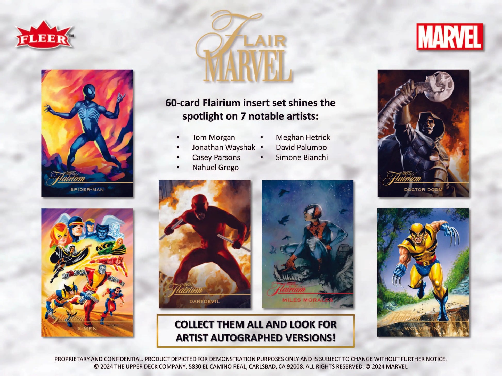 Upper Deck 2024 Marvel Flair Hobby Box advertisement with superhero trading card art