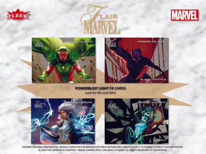 Upper Deck 2024 Marvel Flair trading cards with dynamic superhero action poses