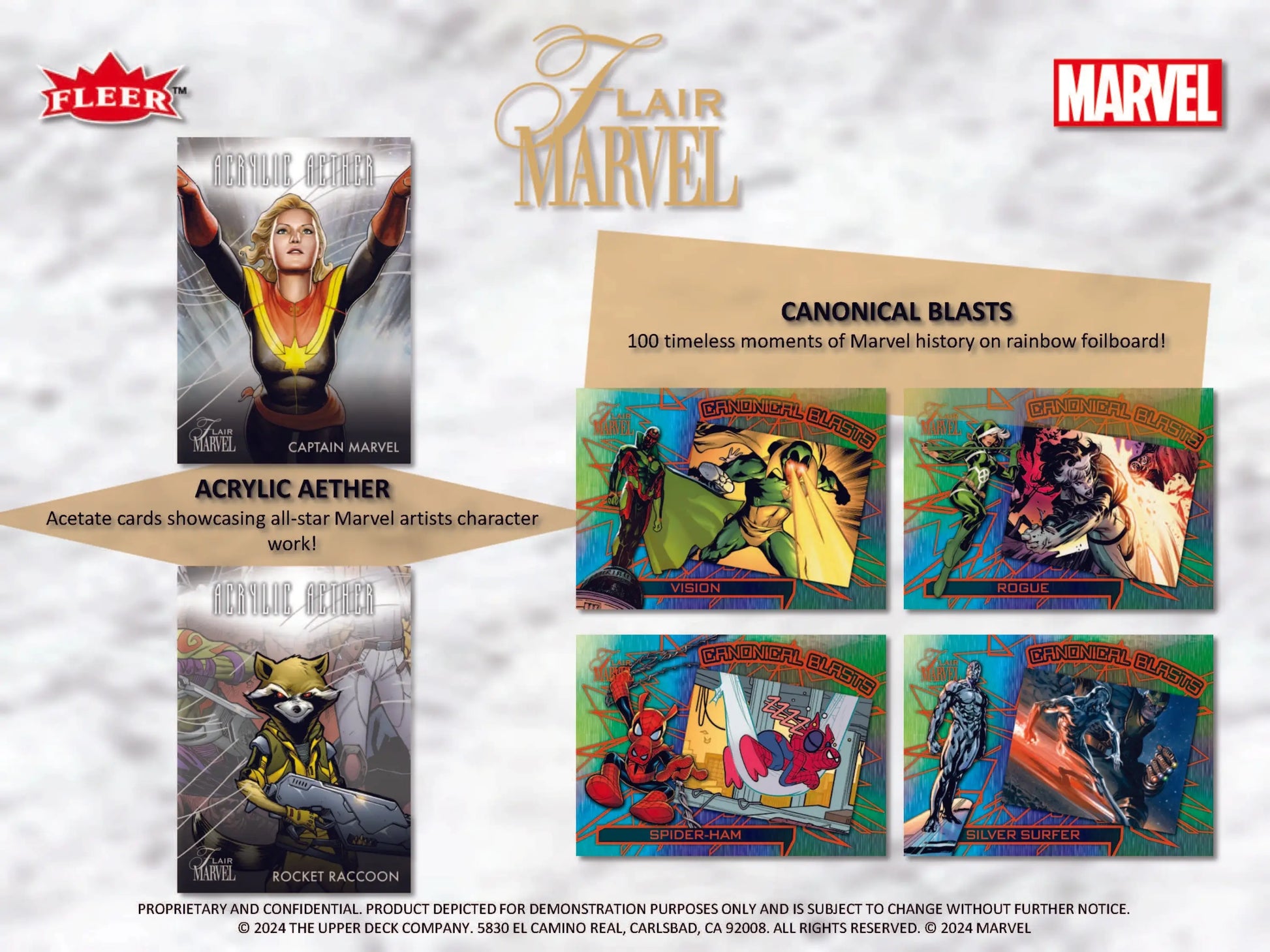 Upper Deck 2024 Marvel Flair Hobby Box showcasing trading card designs with holographic effects